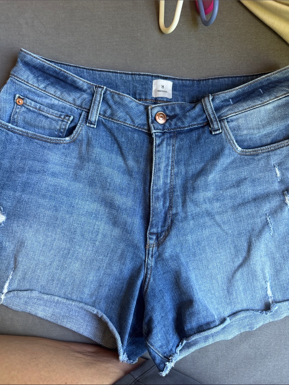 Madison Distressed Medium Blue Denim Roll-Hem Shorts
